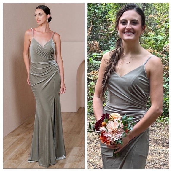Revelry Rory Velvet Bridesmaid Dress in Sage Green Velvet - Picture 9 of 14